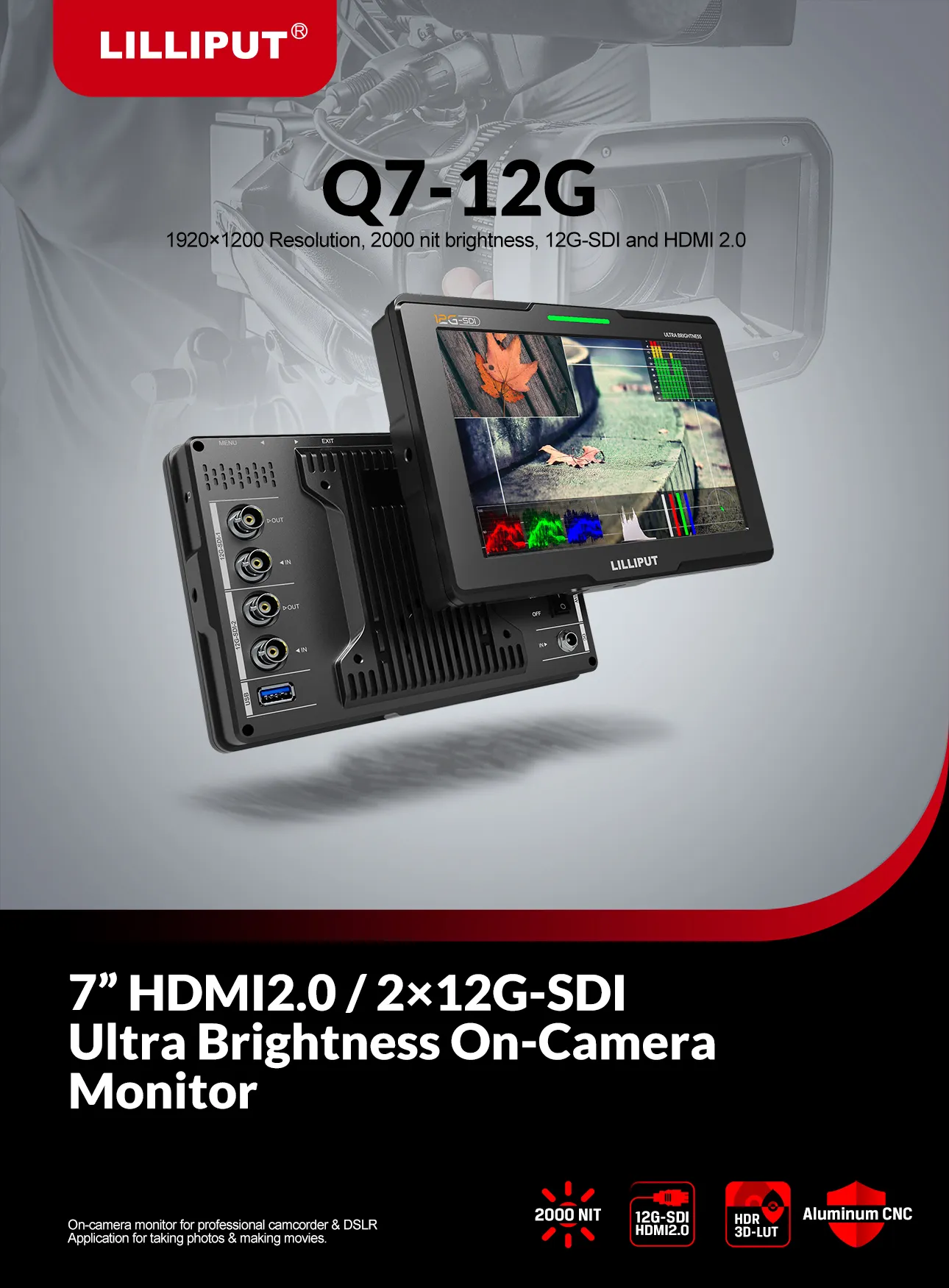 7inch 2000nits 12G-SDI Ultra Brightness On-Camera Monitor